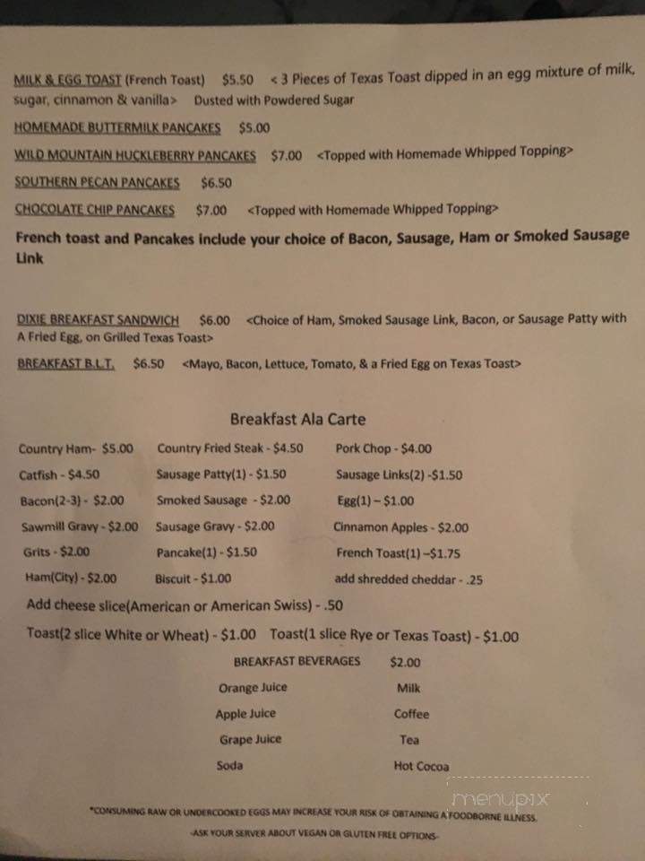 Dixieland Country Store & Restaurant - Townsend, TN menu_pic