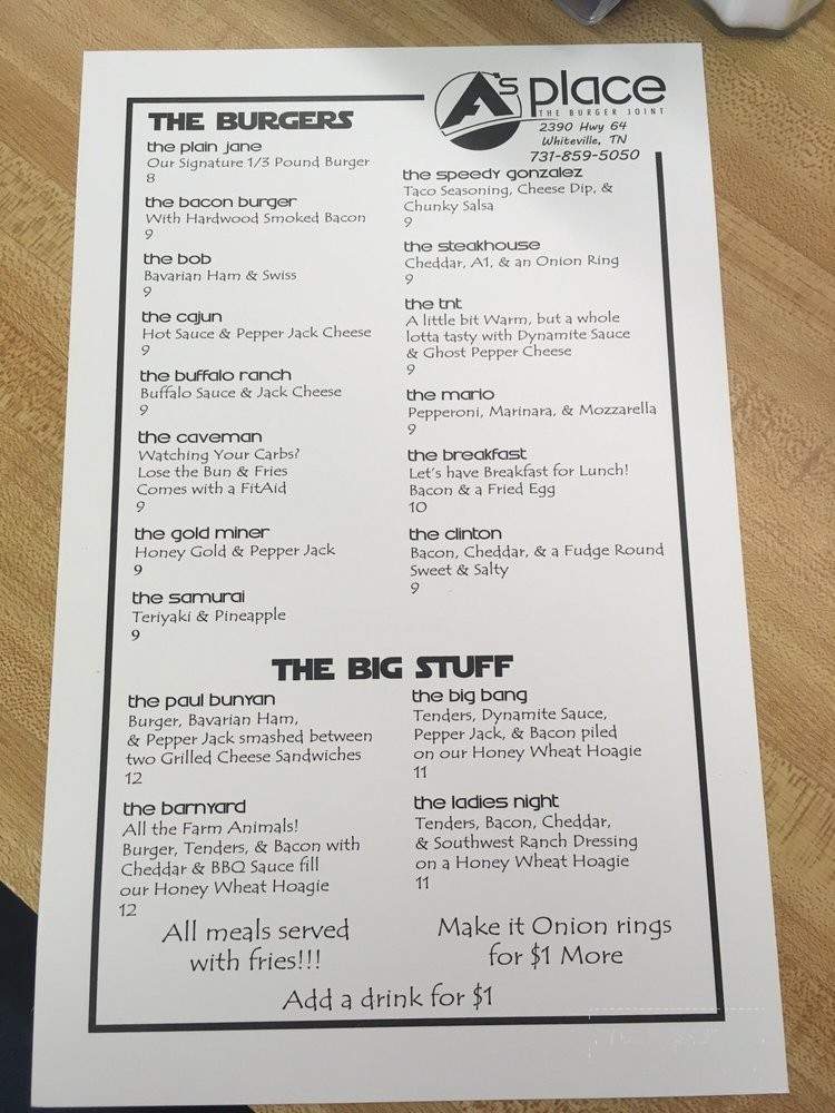 A's Place The Burger Joint - Whiteville, TN menu_pic