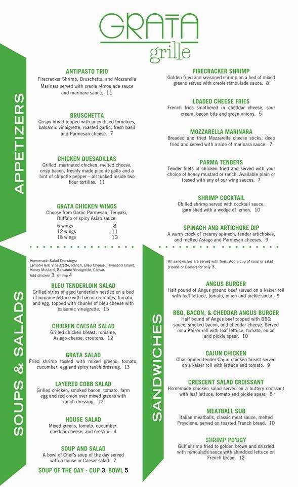 Grata Bar & Grill - Tupelo, MS menu_pic