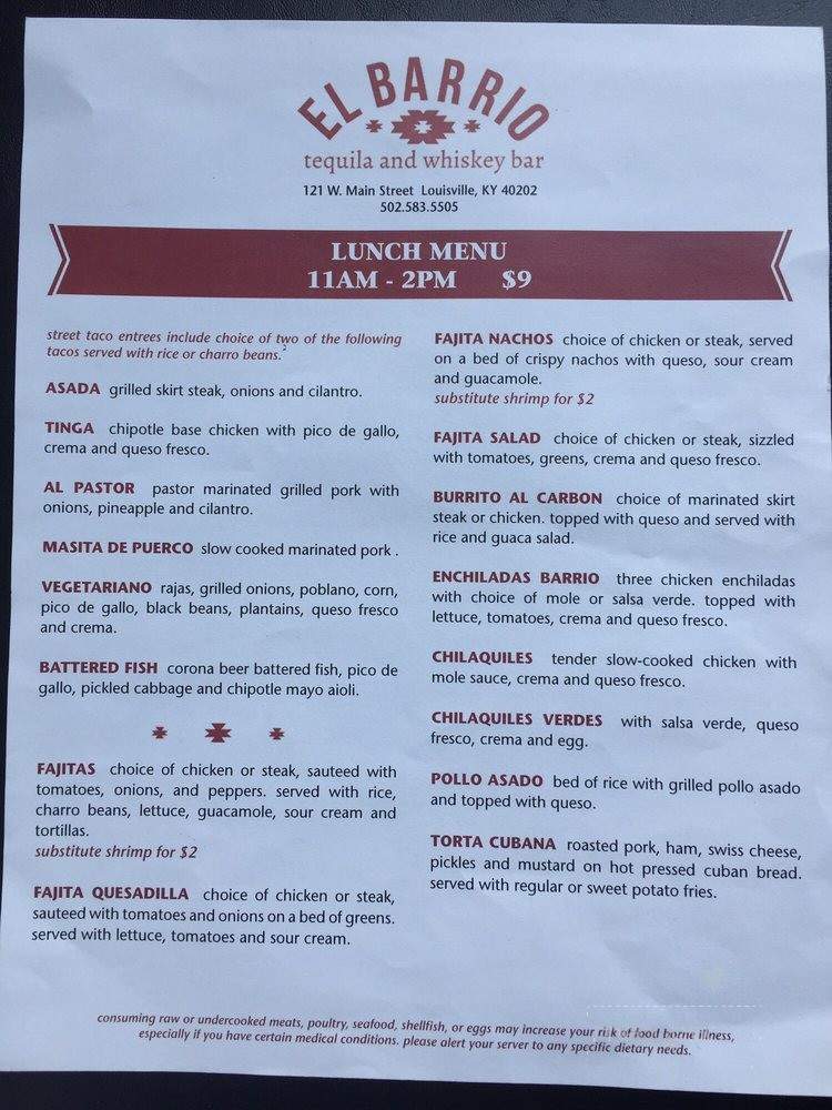 El Barrio Tequila & Whiskey Bar - Louisville, KY menu_pic