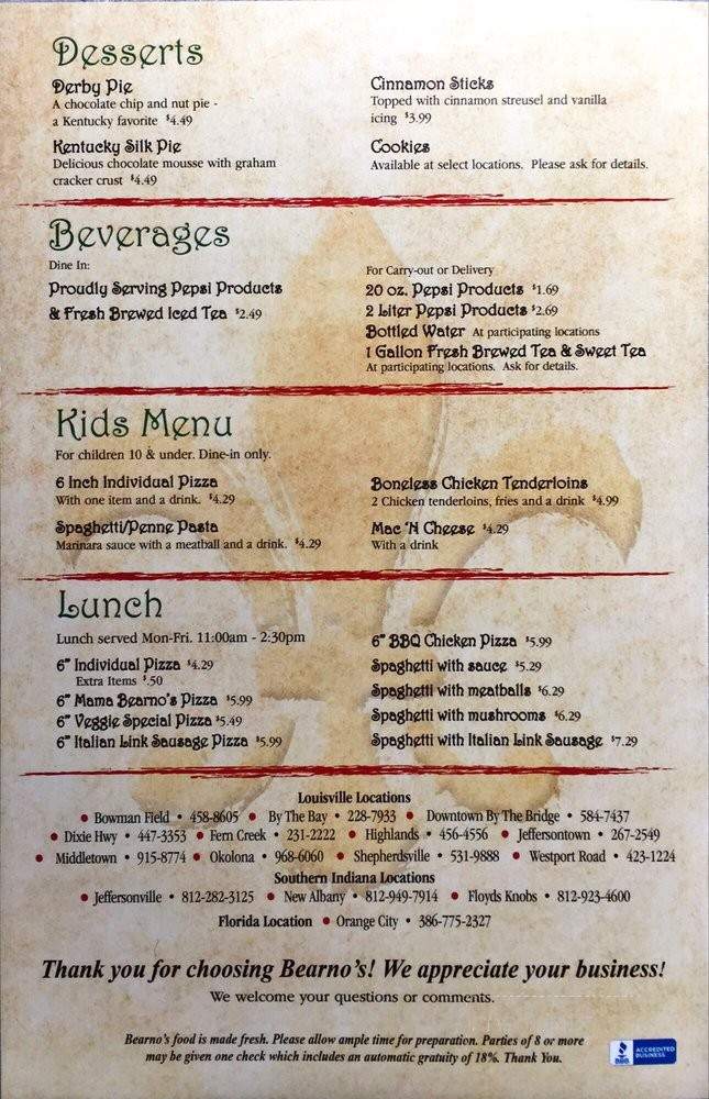 Bearno's Little Sicily - Louisville, KY menu_pic