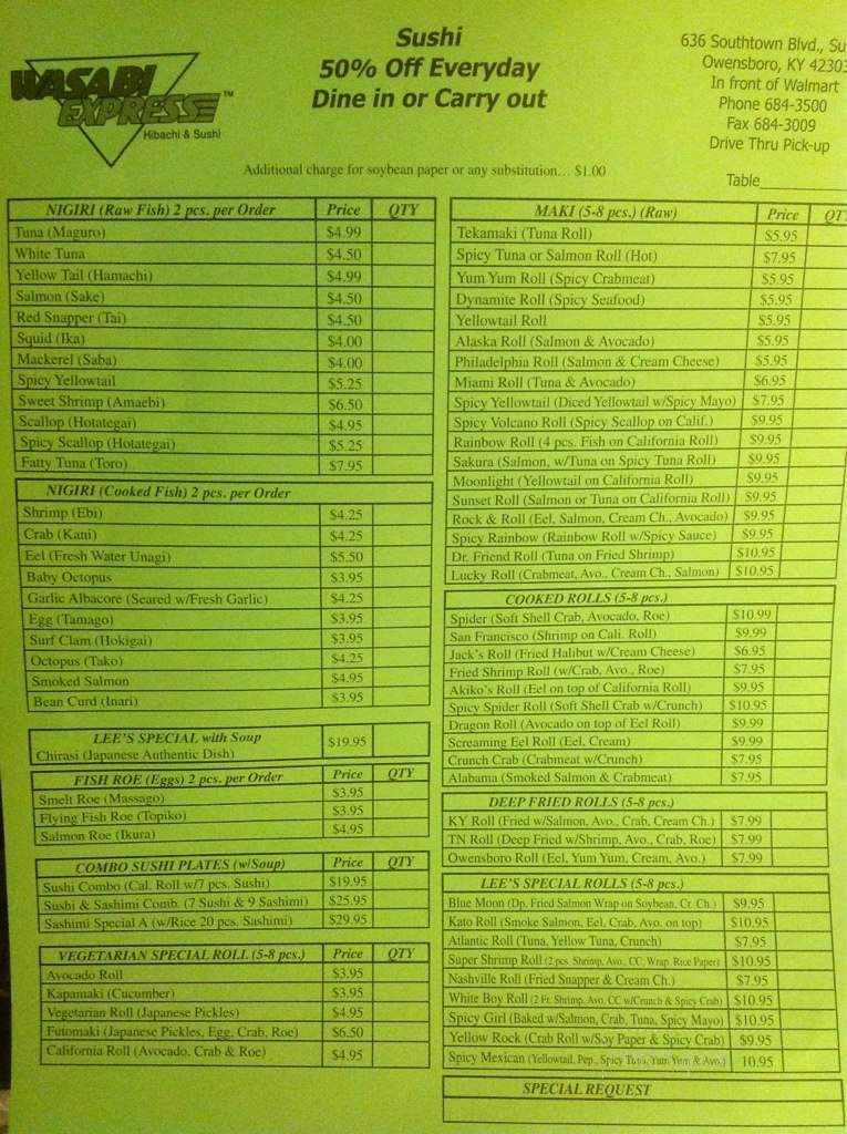 Wasabi Express Parrish - Owensboro, KY menu_pic