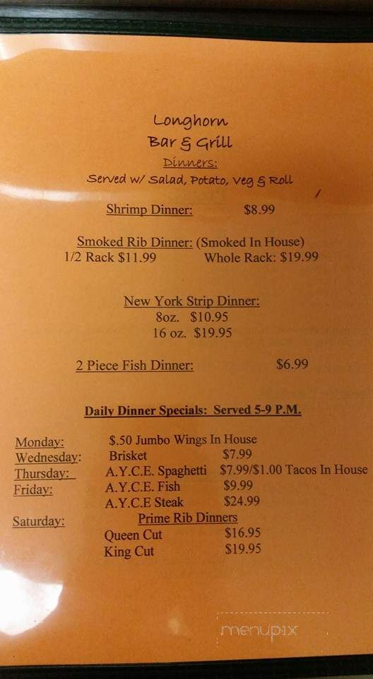 Longhorn Bar and Grill - Roundhead, OH menu_pic