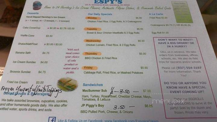 Espy's - Bellefontaine, OH menu_pic