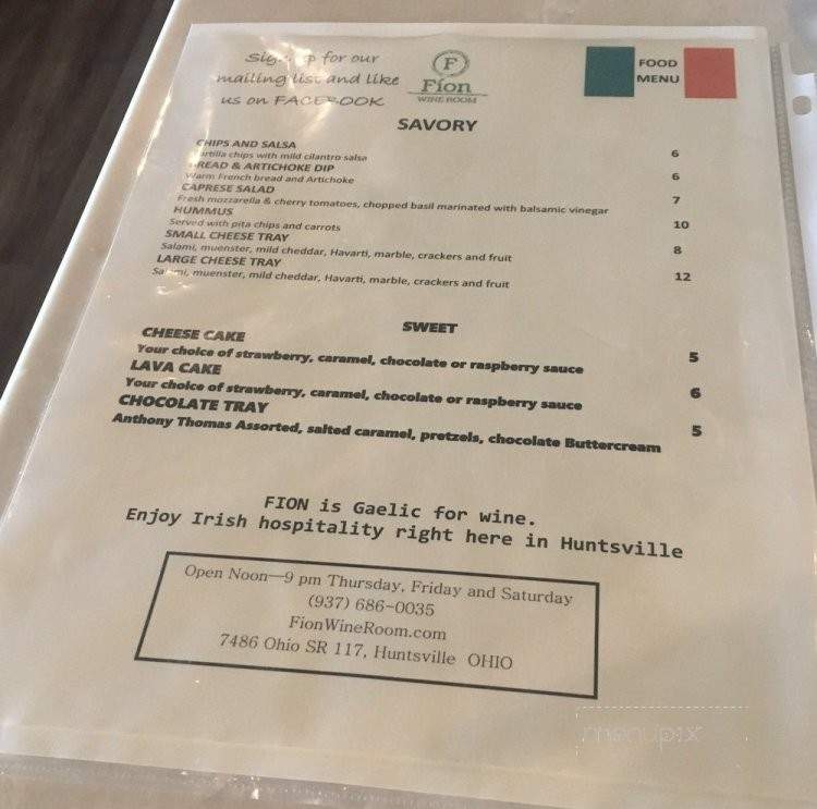 Fion Wine Room - Huntsville, OH menu_pic