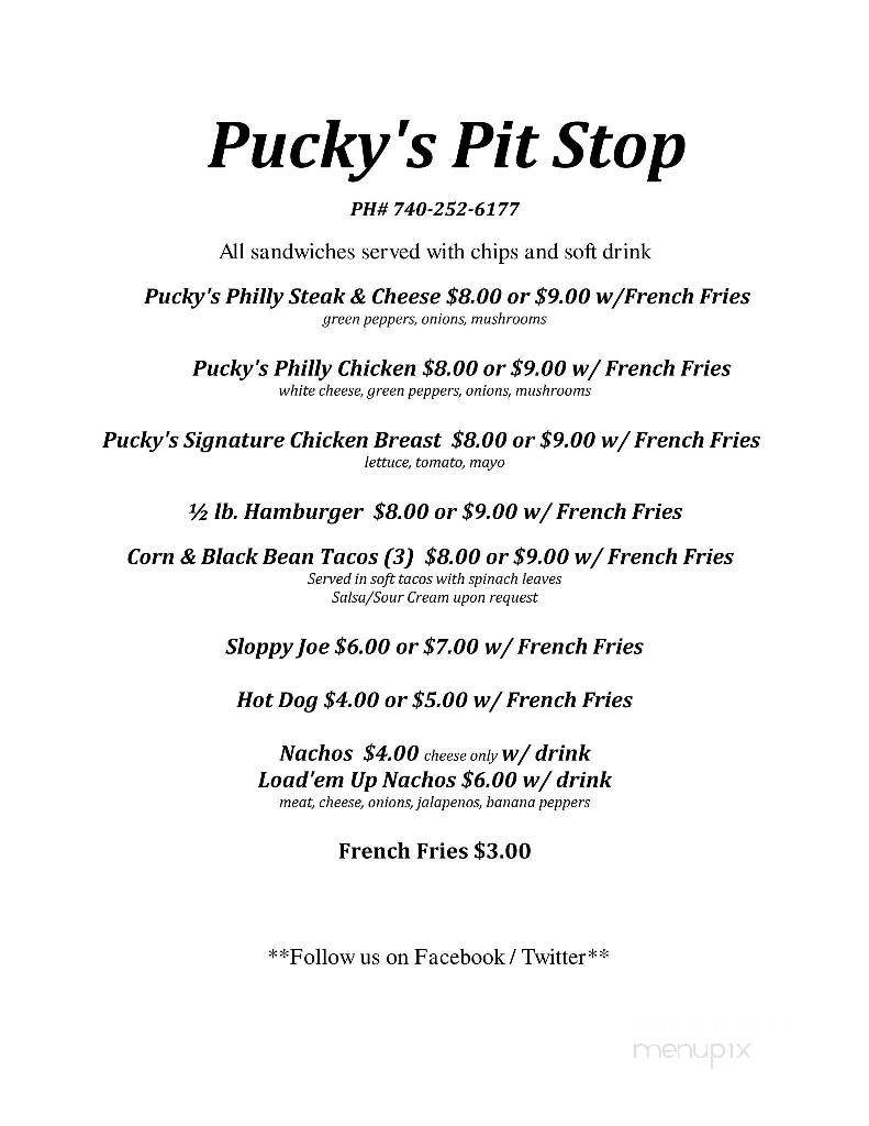 Pucky's Pit Stop - Zanesville, OH menu_pic