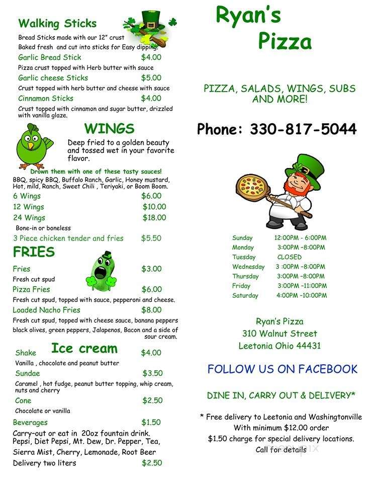 Ryan's Pizza - Leetonia, OH menu_pic