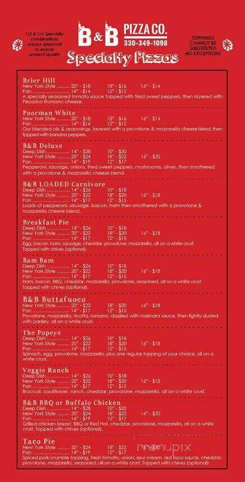 B & B Pizza - Niles, OH menu_pic