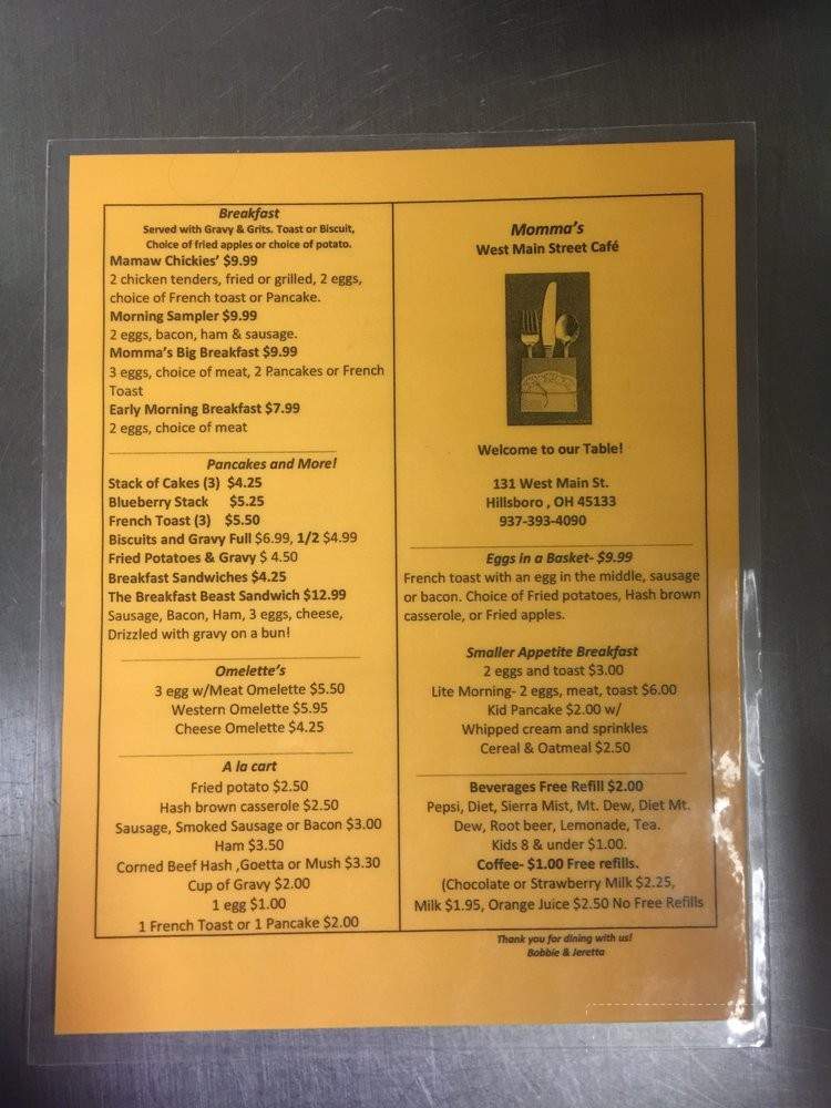 Momma's West Main Street Cafe - Hillsboro, OH menu_pic