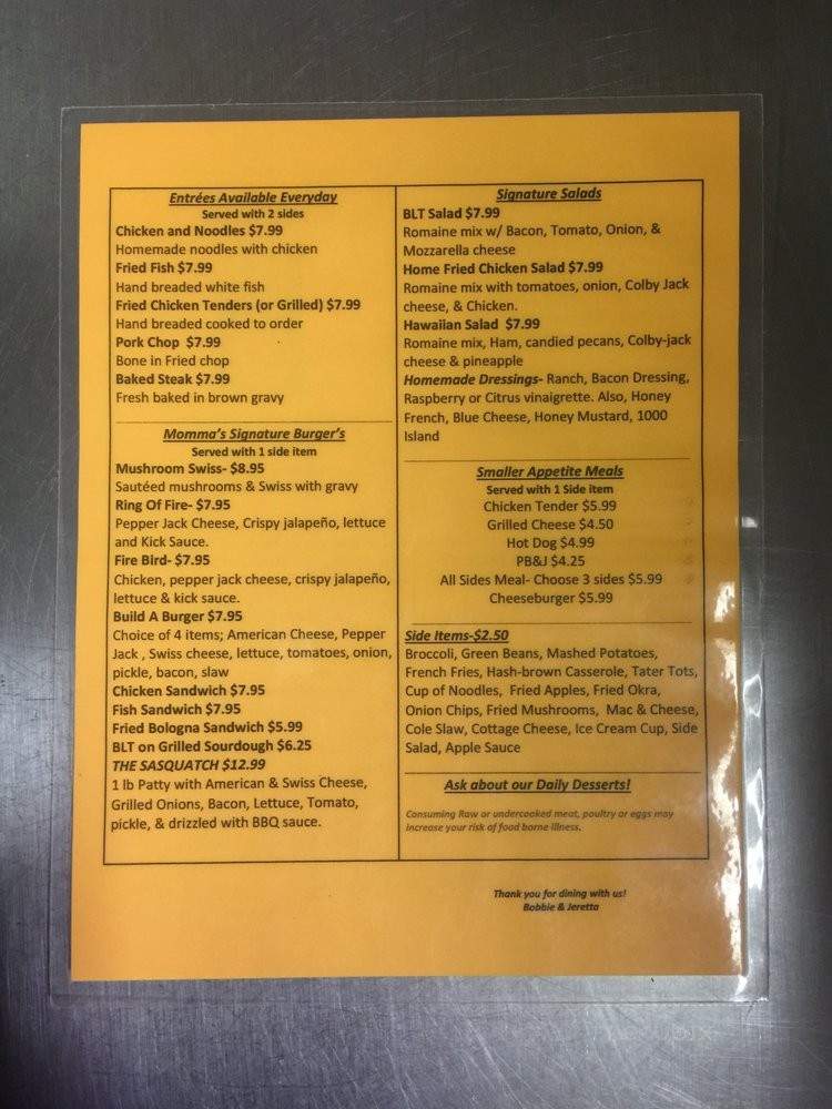 Momma's West Main Street Cafe - Hillsboro, OH menu_pic