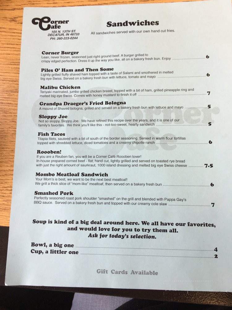 Corner Cafe - Decatur, IN menu_pic