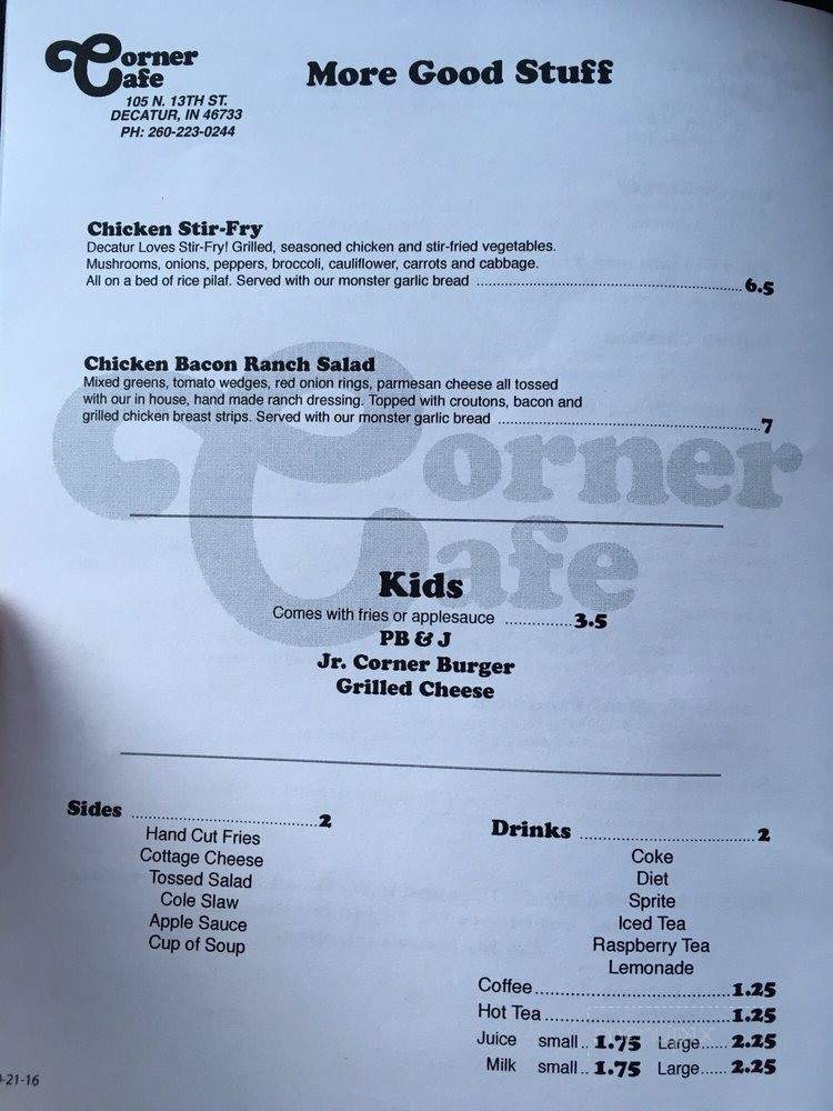 Corner Cafe - Decatur, IN menu_pic