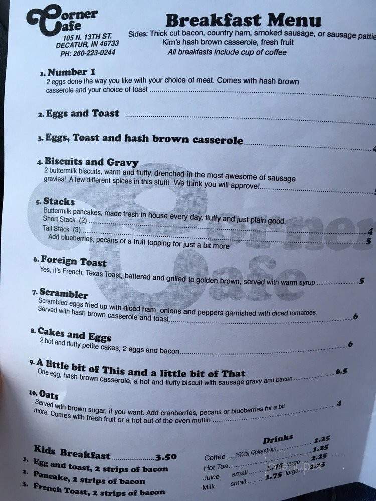 Corner Cafe - Decatur, IN menu_pic