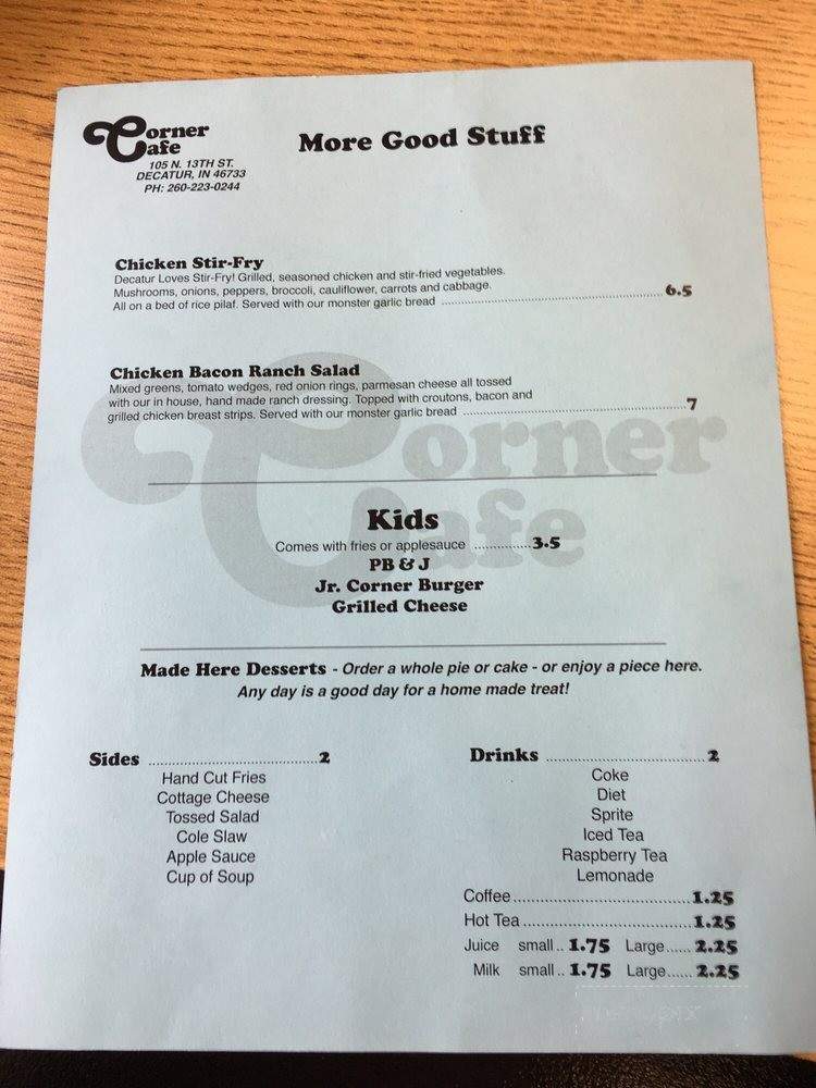 Corner Cafe - Decatur, IN menu_pic
