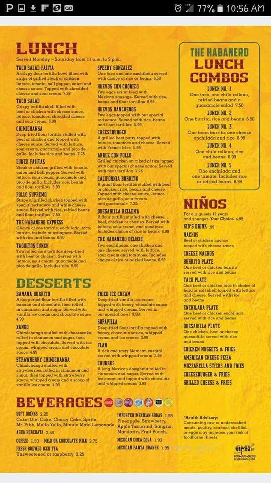 Habanero Grill and Cantina - Wabash, IN menu_pic