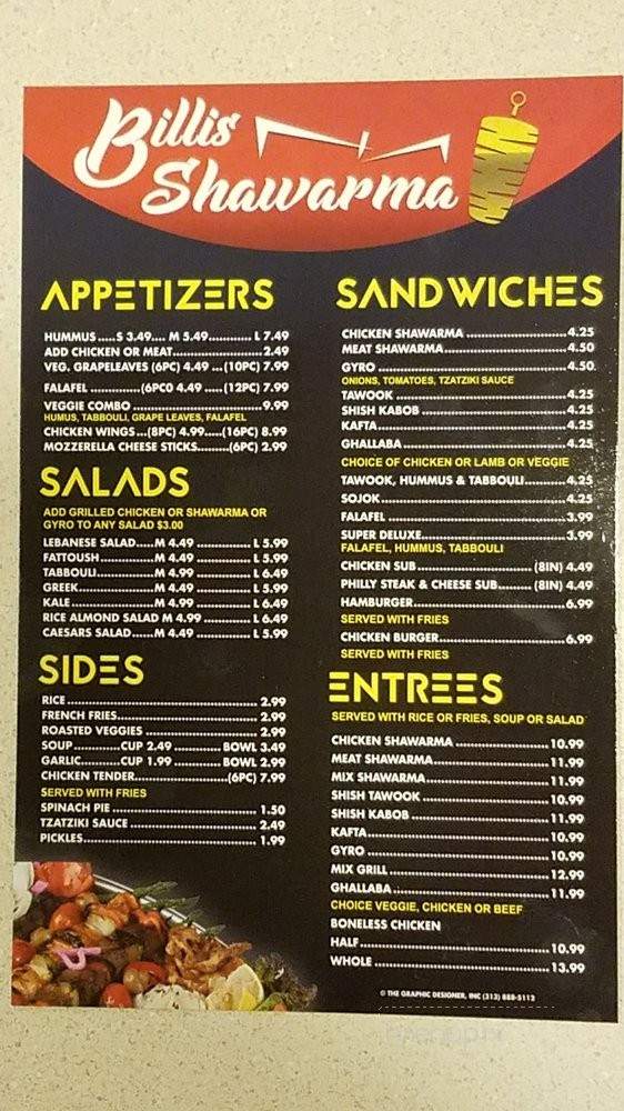 Billis Shawarma - Wayne, MI menu_pic