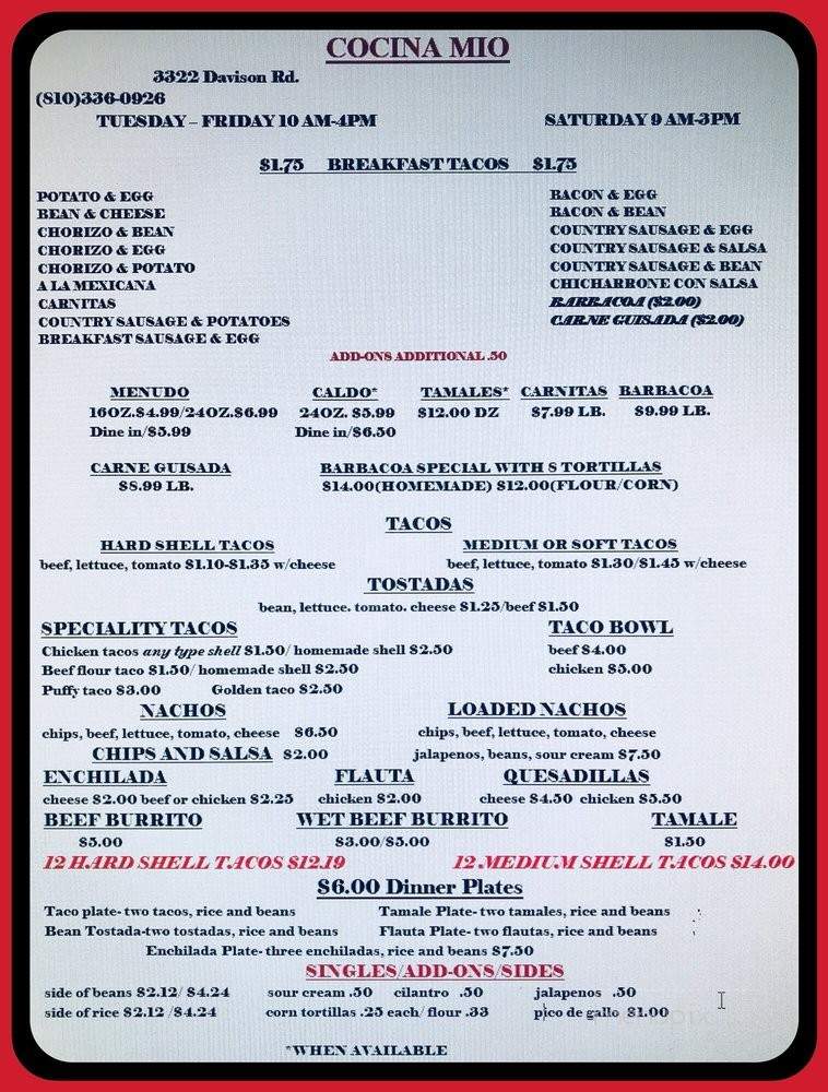 Cocina Mio - Flint, MI menu_pic