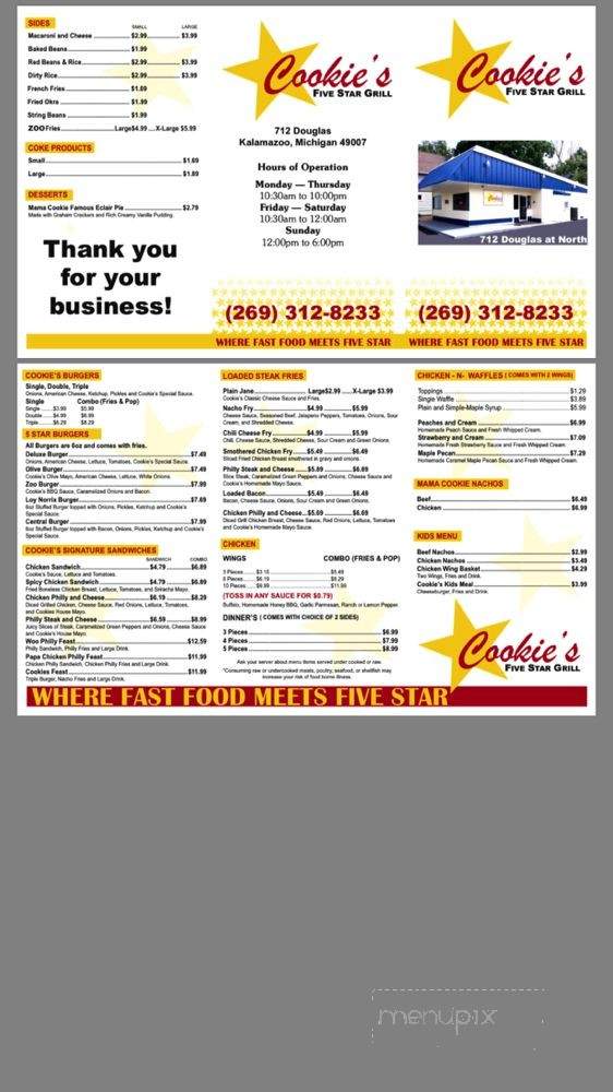 Cookie's Five Star Grill - Kalamazoo, MI menu_pic