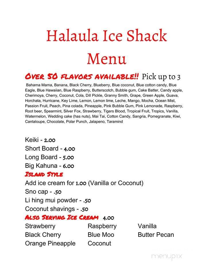 Halaula Shaved Ice - Spring Lake, MI menu_pic