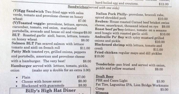 Billy's High Hat Diner - Iowa City, IA menu_pic