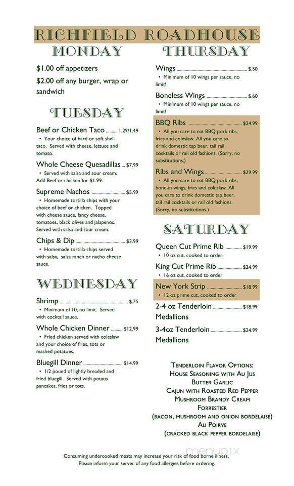 Richfield Roadhouse - Richfield, WI menu_pic