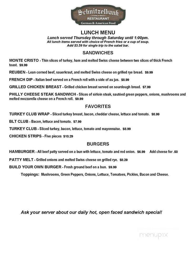 Schnitzelbank Restaurant - Plain, WI menu_pic