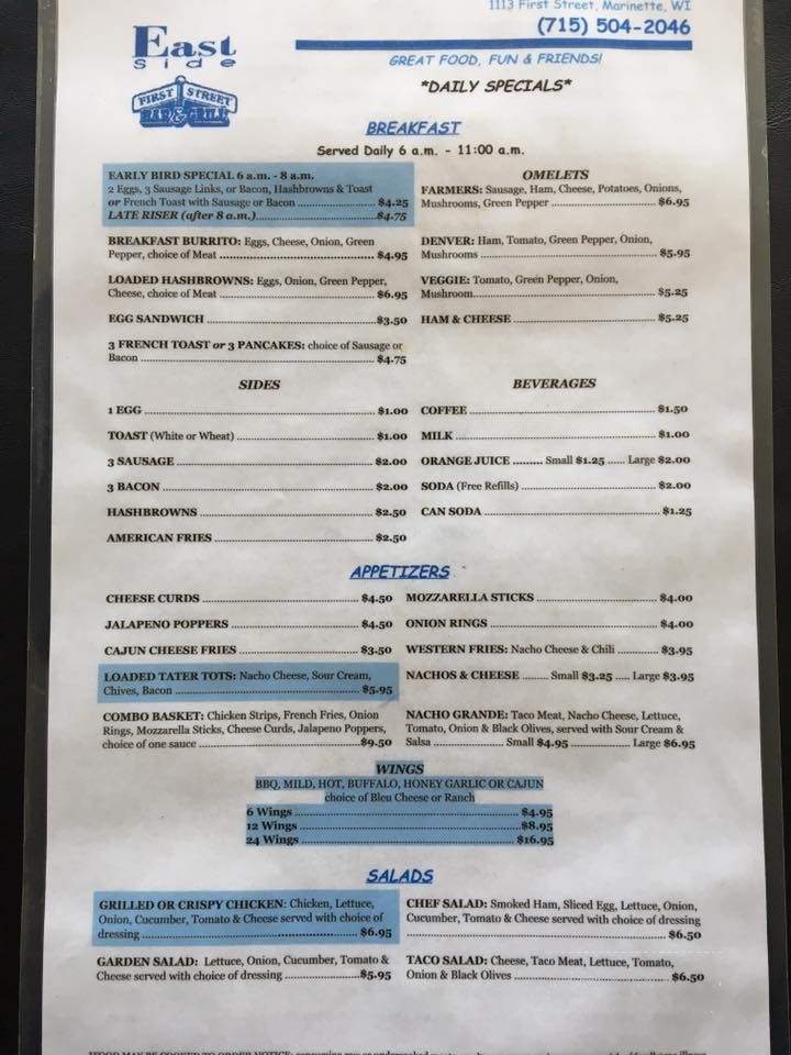 East Side Bar and Grill - Marinette, WI menu_pic