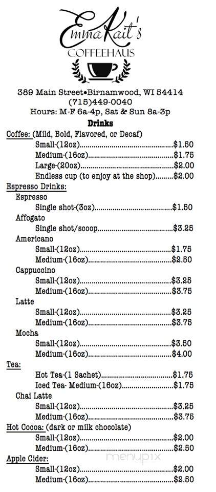 Emma Kait's Coffeehaus - Birnamwood, WI menu_pic