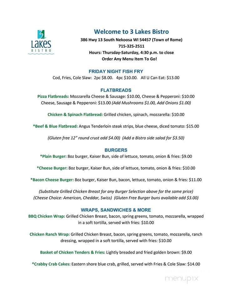 3 Lakes Bistro - Nekoosa, WI menu_pic
