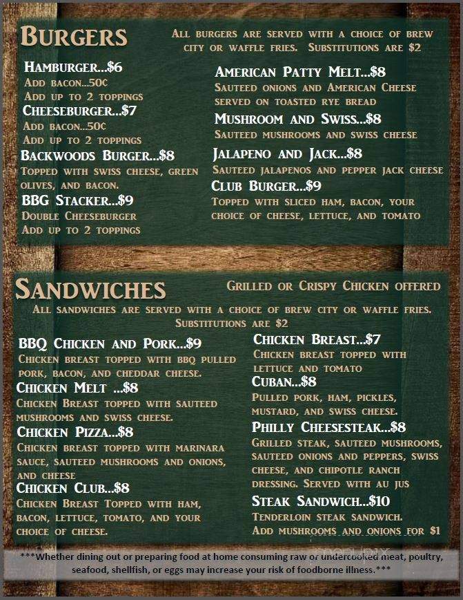 Backwoods Bar and Grill - Stevens Point, WI menu_pic