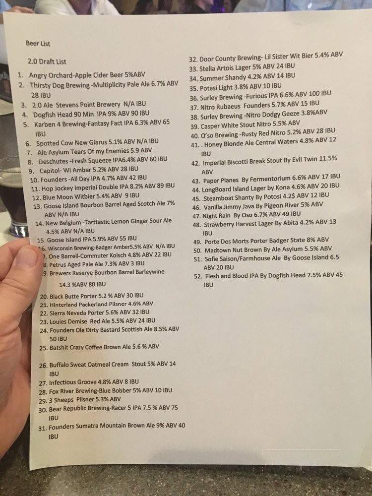 2.0 Ale House - Fond du Lac, WI menu_pic