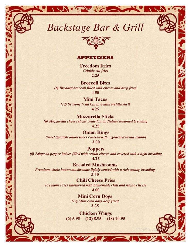 Back Stage Bar and Grill - Fond du Lac, WI menu_pic