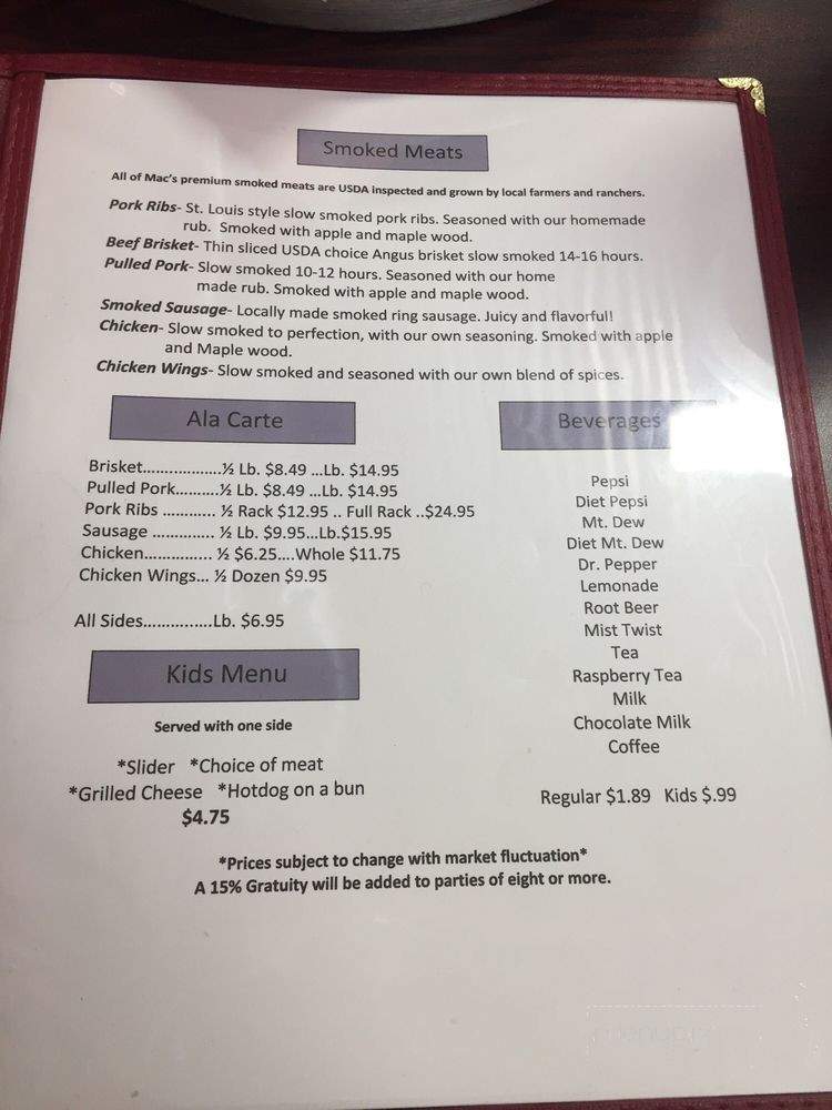 Mac's Smokehouse - Fairfax, MN menu_pic