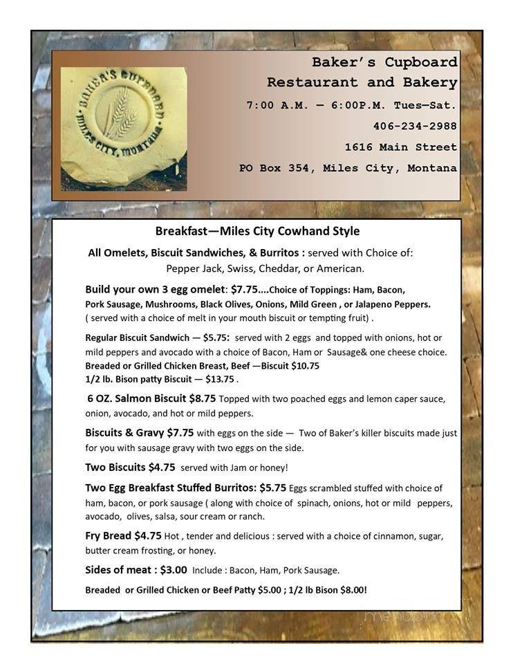 Baker's Cupboard - Miles City, MT menu_pic