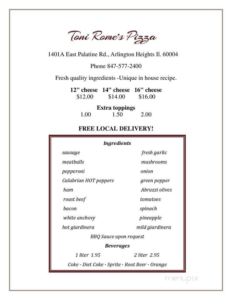 Toni Rome's Pizza - Arlington Heights, IL menu_pic