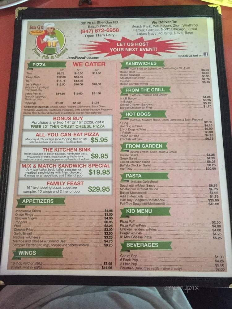 Jen G's Pizza & Pub - Beach Park, IL menu_pic