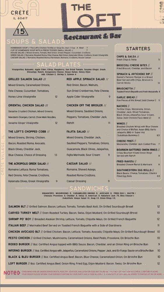 The Loft Restaurant & Bar - Crete, IL menu_pic