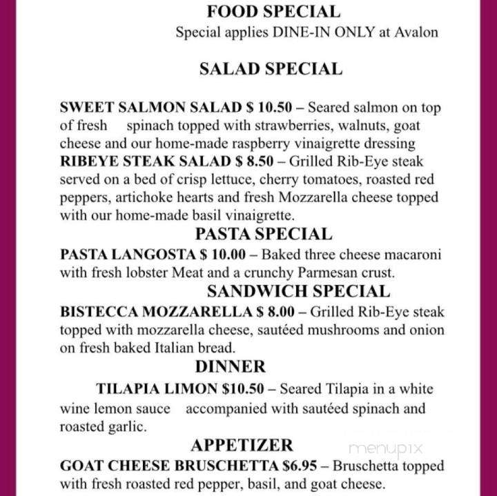 Avalon Food & Spirits - Palos Hills, IL menu_pic