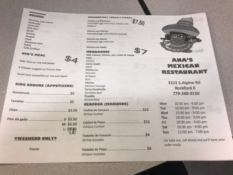 Anas Mexican Restaurant - Rockford, IL menu_pic