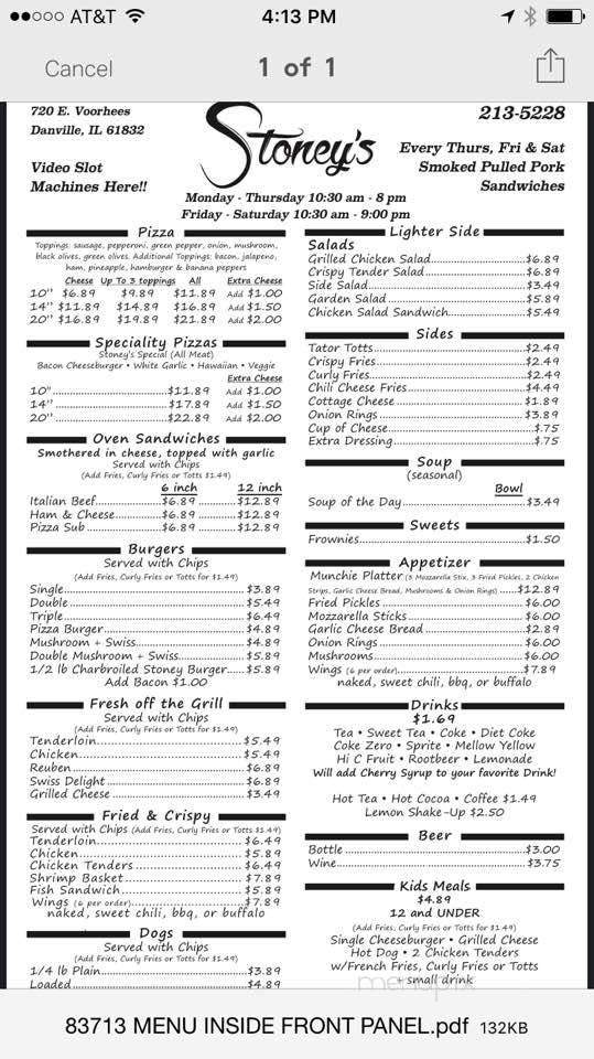 Stoneys - Danville, IL menu_pic