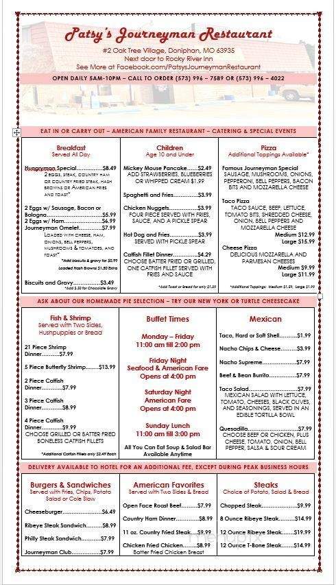 /31067598/Patsys-Journeyman-Restaurant-Menu-Doniphan-MO - Doniphan, MO