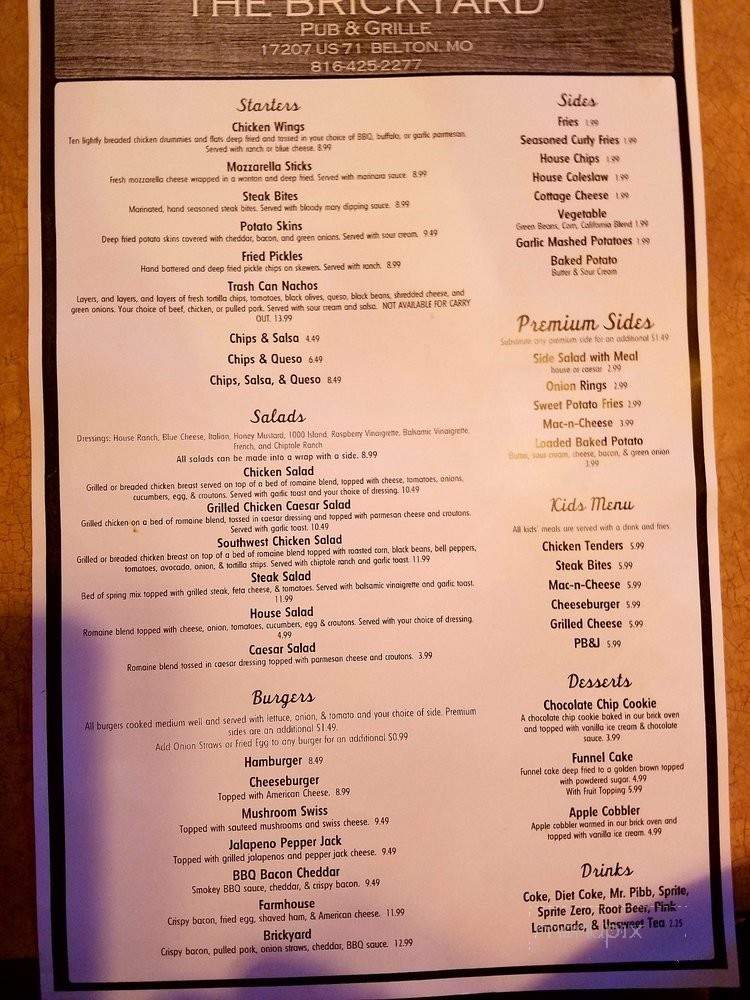 The Brickyard Pub and Grille - Belton, MO menu_pic
