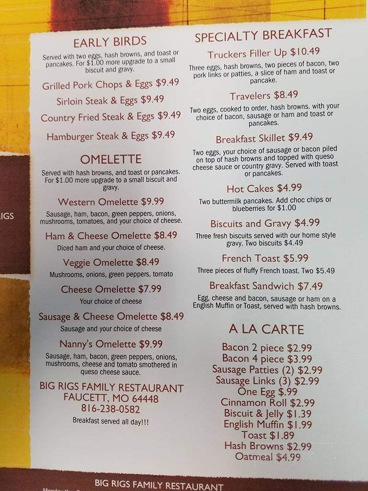 Big Rigs Family Restaurant - Faucett, MO menu_pic