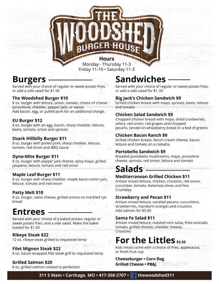 Menu of The Woodshed in Carthage, MO 64836