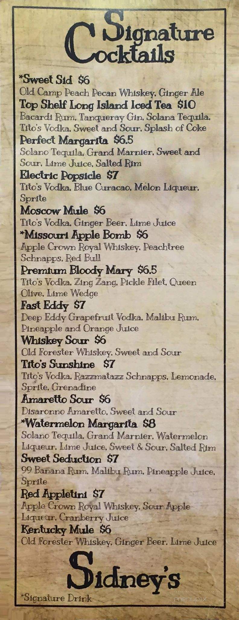 Sidney's - Rolla, MO menu_pic