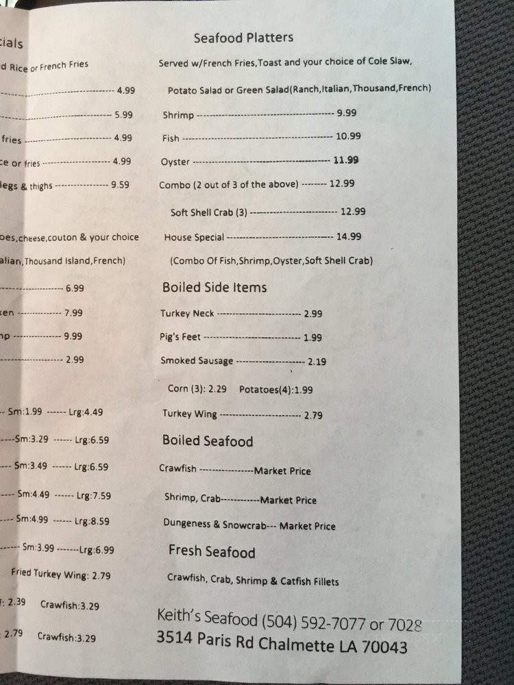 Keith's Seafood - Chalmette, LA menu_pic