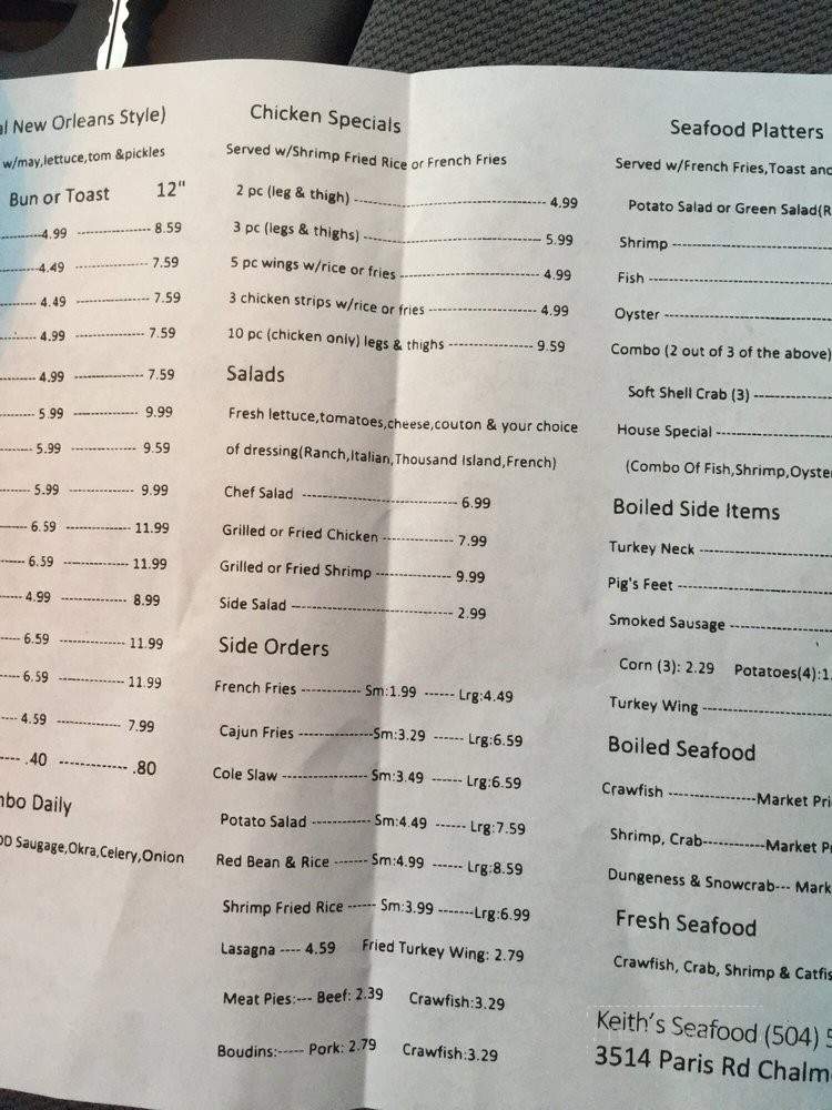 Keith's Seafood - Chalmette, LA menu_pic