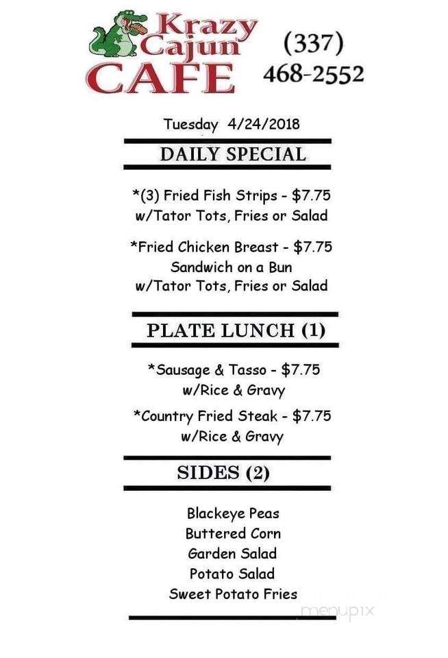 Menu Of Krazy Cajun Cafe In Mamou LA 70554 menu-of-krazy-cajun-cafe-in-mamou-la-70554