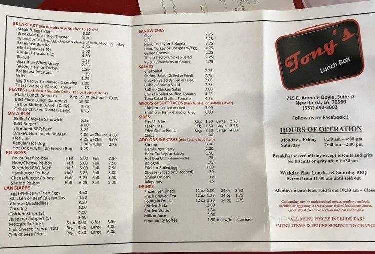 Tony's Lunch Box - New Iberia, LA menu_pic