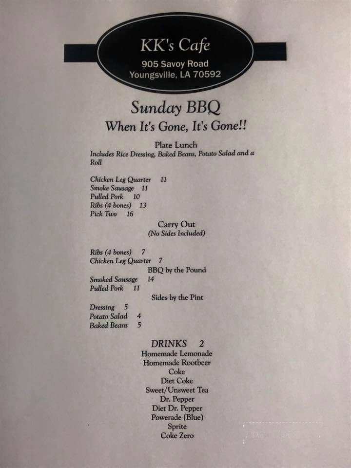 Menu of KK s Cafe Cakery in Youngsville LA 70592 Menu of KK s Cafe Cakery in Youngsville LA 70592
